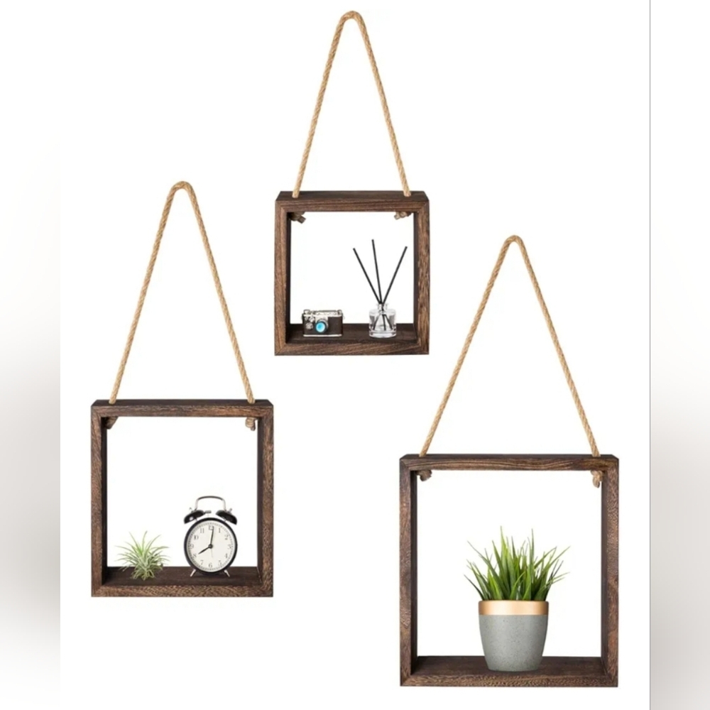 Mkono Wood Hanging Square Floating Shelves Set of 3 Boho Decor Shadw Boxes Brown